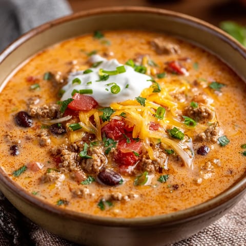 A bowl of chili with a dollop of sour cream on top.