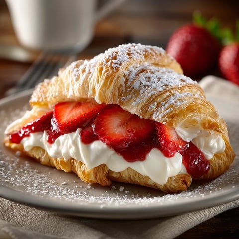 A pastry with strawberries and whipped cream.
