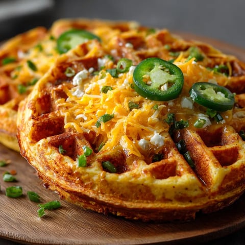 A waffle with cheese and jalapenos on top.