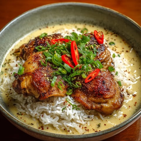 A bowl of rice with chicken and peppers.
