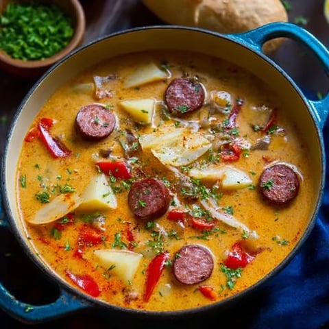 A bowl of soup with sausage and potatoes.