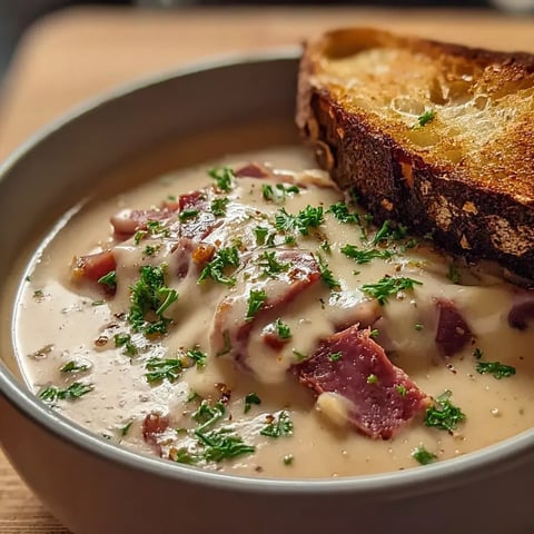 A bowl of soup with a slice of bread on top.