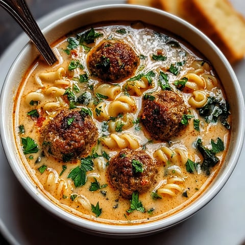 A bowl of pasta with meatballs and spinach.