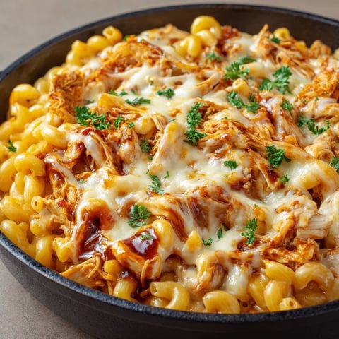 A bowl of macaroni and cheese with chicken.
