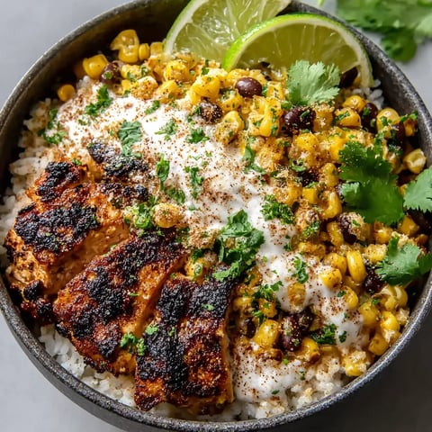 A bowl of food with rice, corn, and meat.