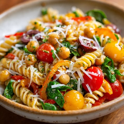 A bowl of pasta with tomatoes, chickpeas, and cheese.
