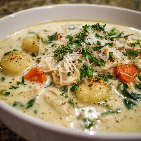 A bowl of soup with chicken and vegetables.