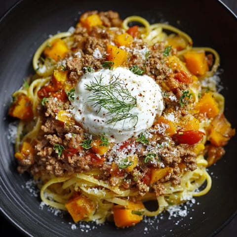 A bowl of pasta with meat and cheese.