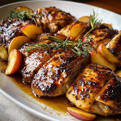 A plate of chicken with apples and herbs.