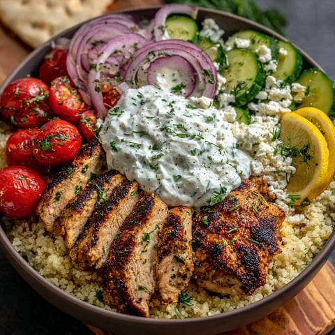 A bowl of food with chicken, tomatoes, onions, cucumbers, and feta cheese.