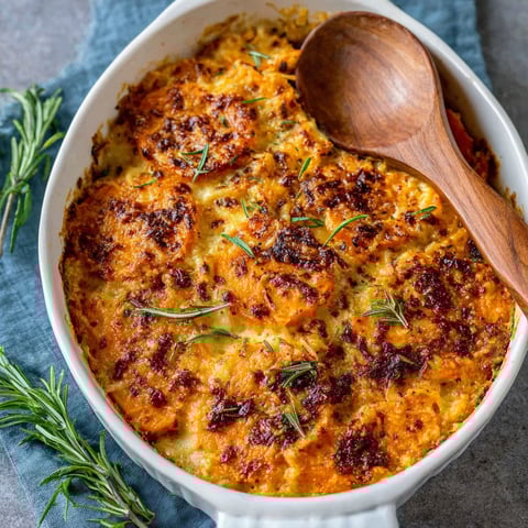 A white bowl filled with a casserole dish.