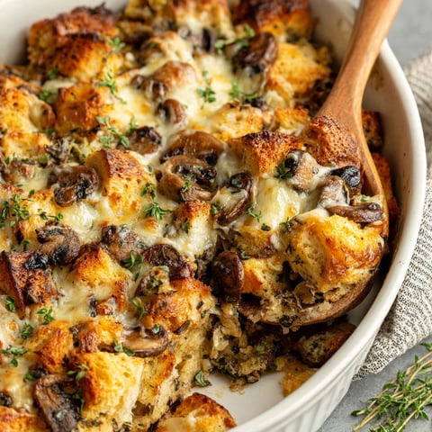A white bowl filled with a delicious looking mushroom and cheese dish.