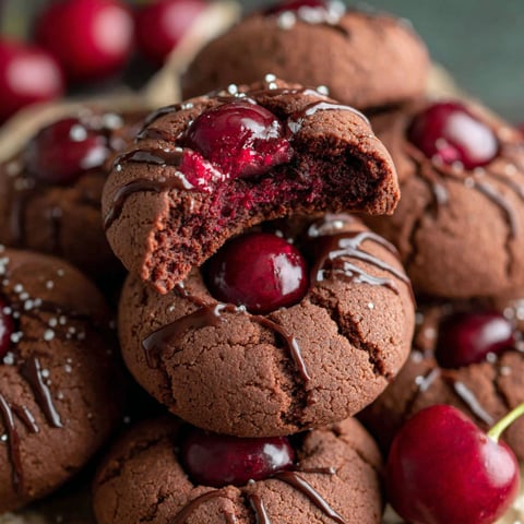 A stack of chocolate cookies with cherries on top.