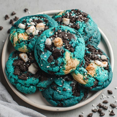 A plate of blue cookies with white chocolate chips.